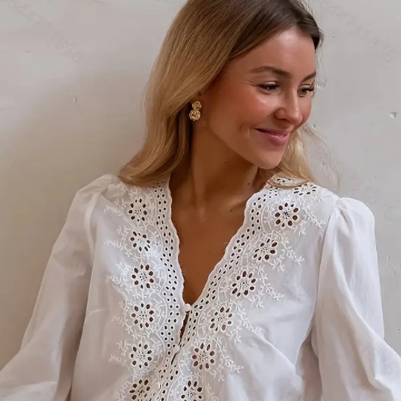 Embroidered Hollowed Out Eyelett Neckline Button Up Blouse with Balloon Sleeves - Picture 5 of 6